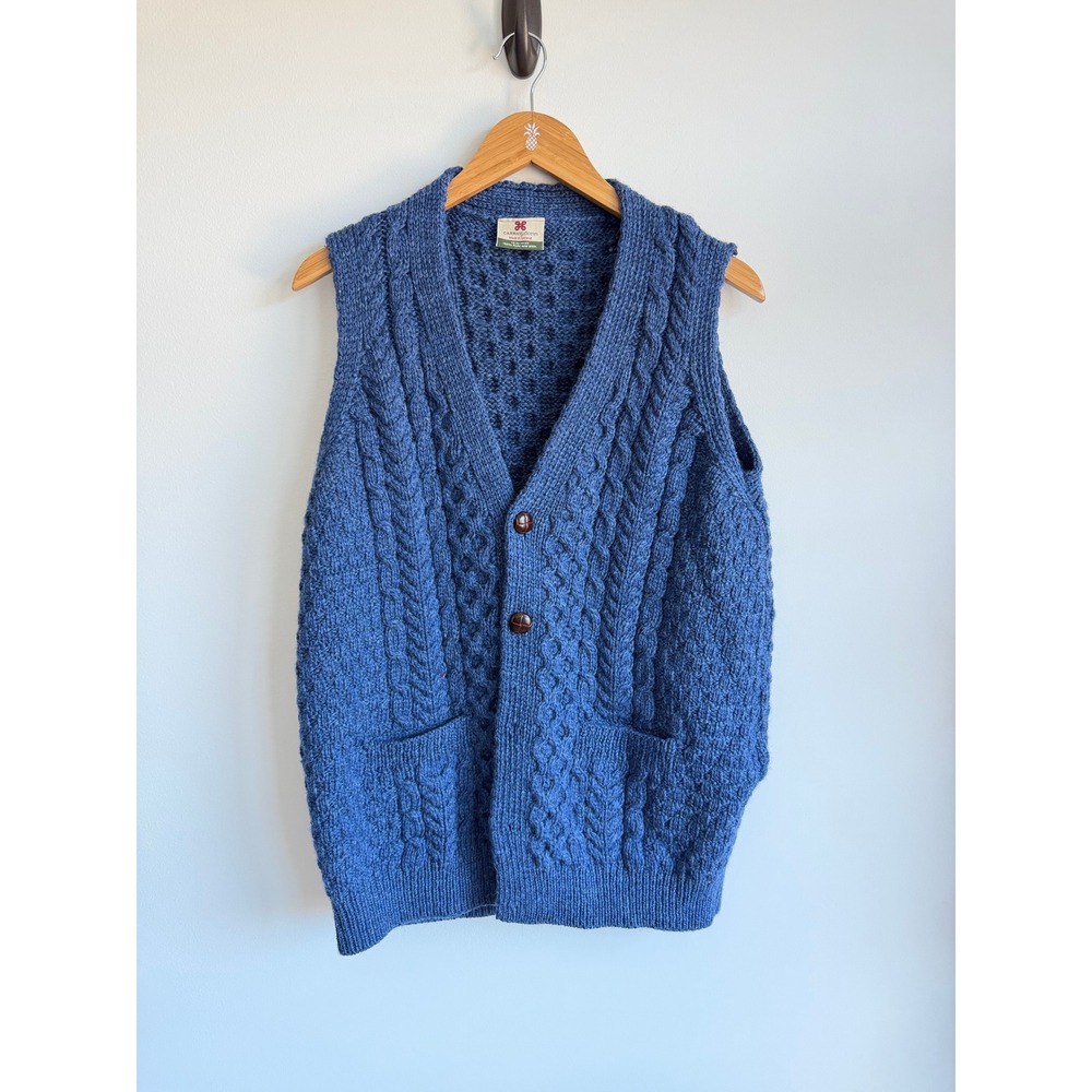 Carraig Donn Womens Cable Knit Wool Cardigan Vest M Blue Cottagecore Ireland